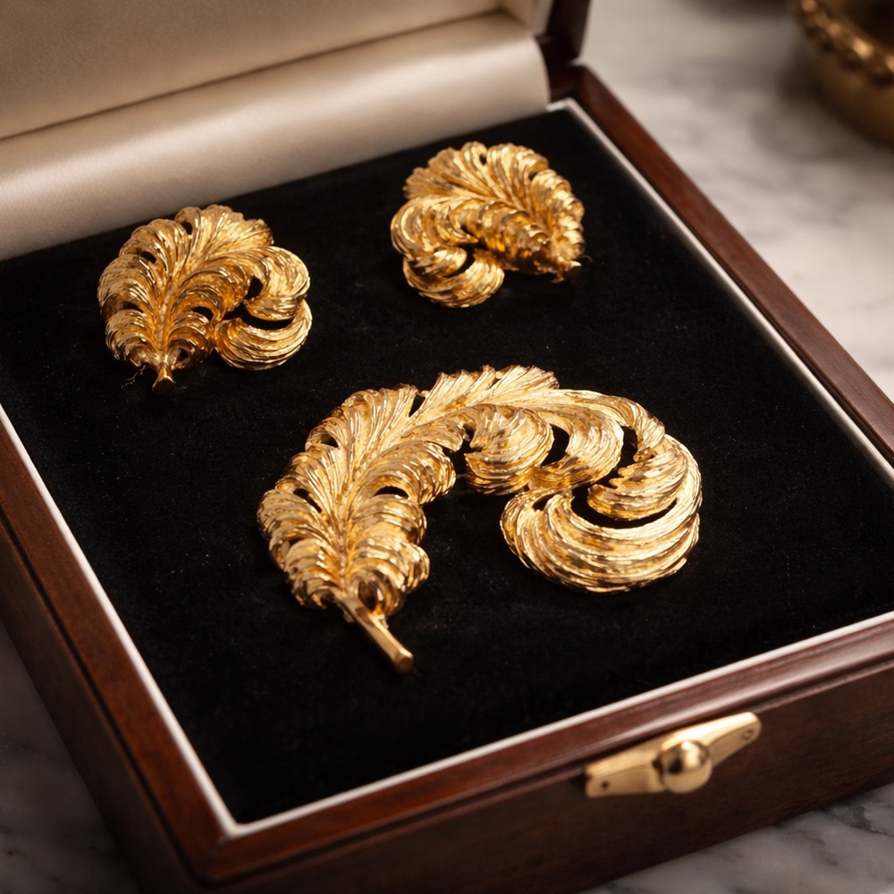 Monet Gold Textured Jewelry Broach and clip earrings - Picture 1 of 4